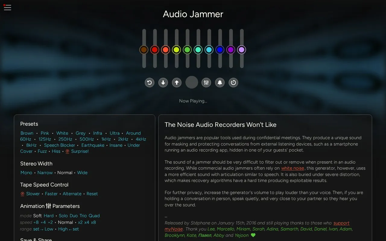 Speech Jammer homepage screenshot