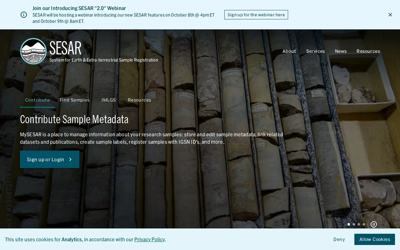 System for Earth Sample Registration homepage screenshot