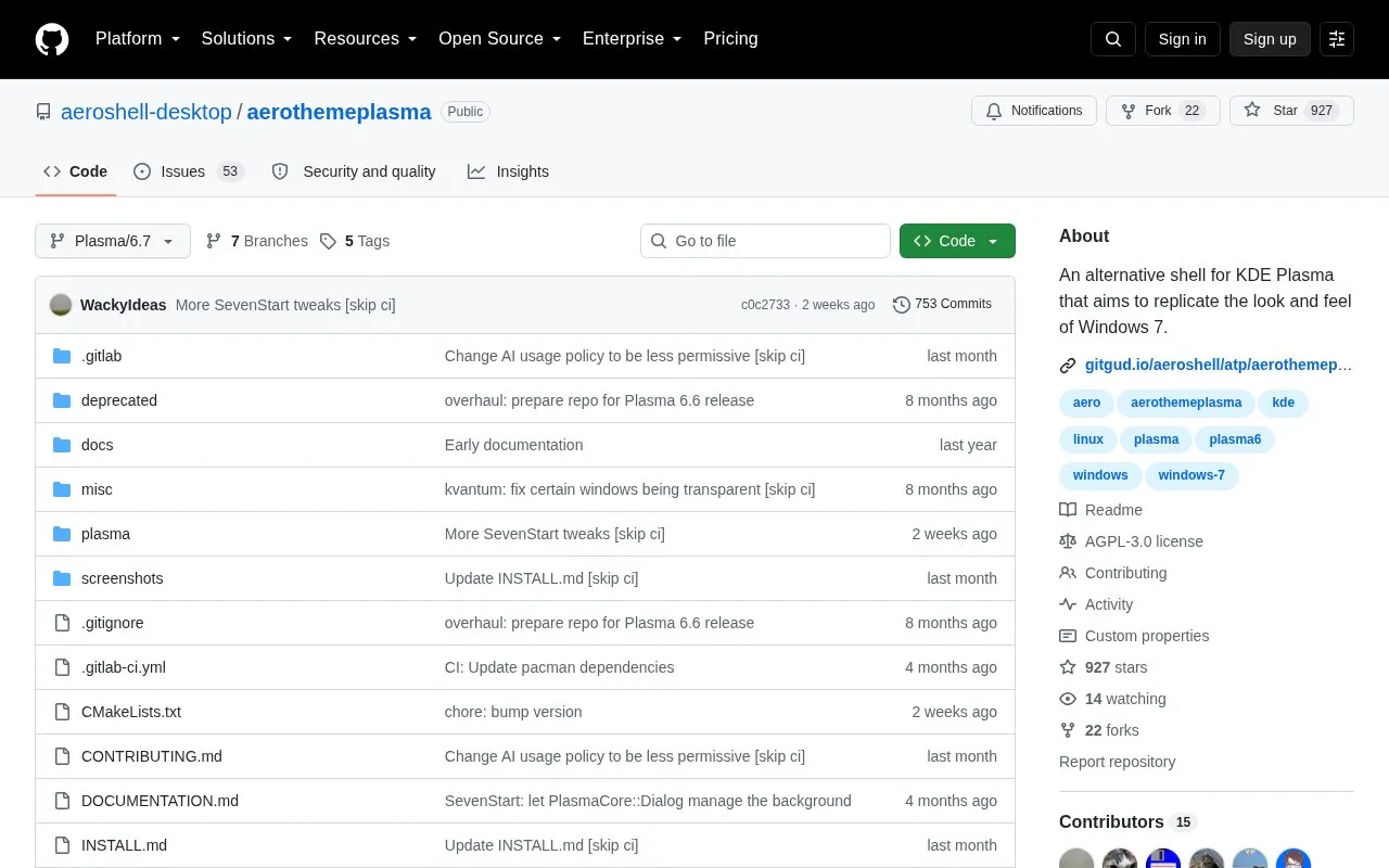 AeroThemePlasma homepage screenshot