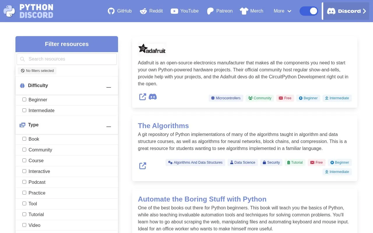Python Discord homepage screenshot