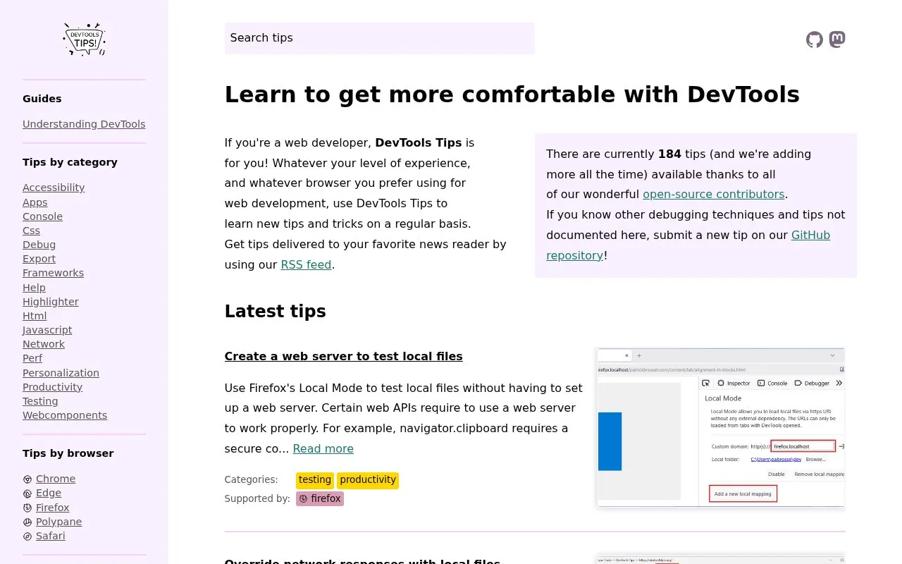 DevToolTips homepage screenshot