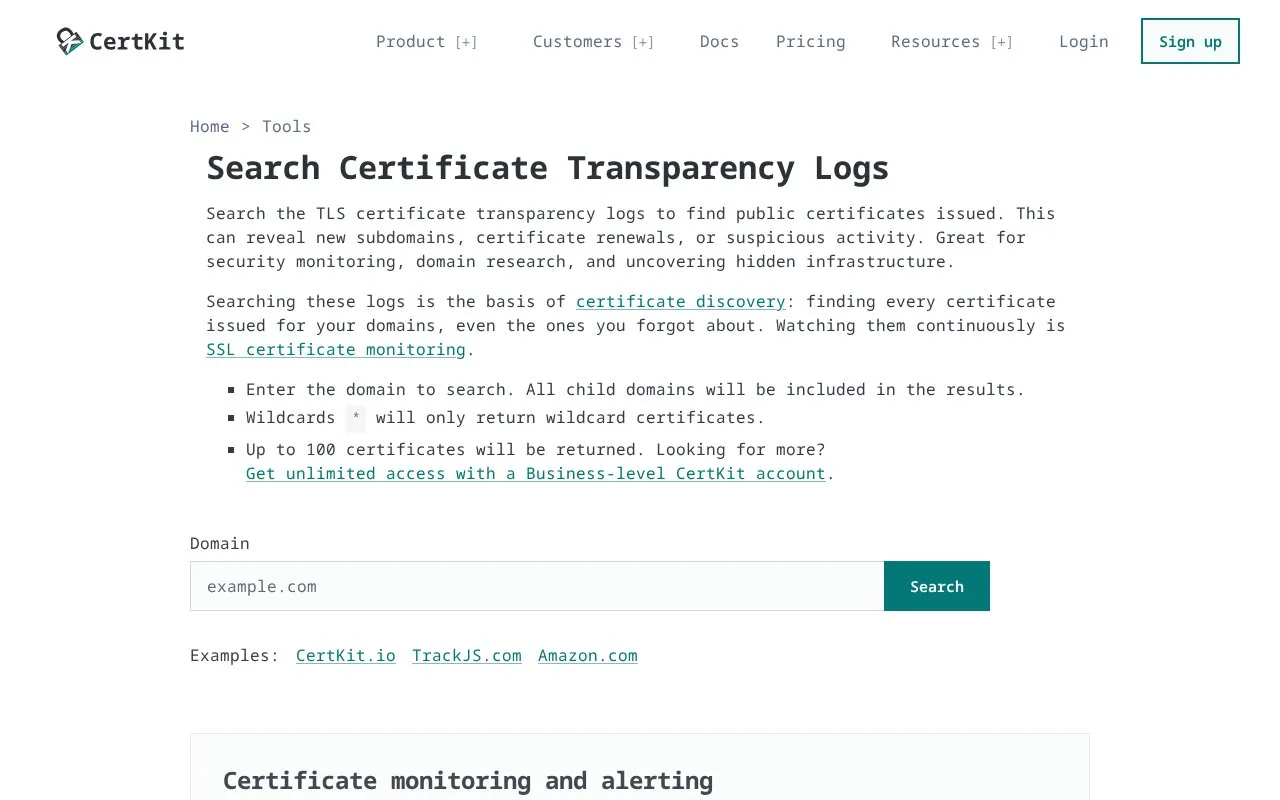 CertKit Certificate Search homepage screenshot