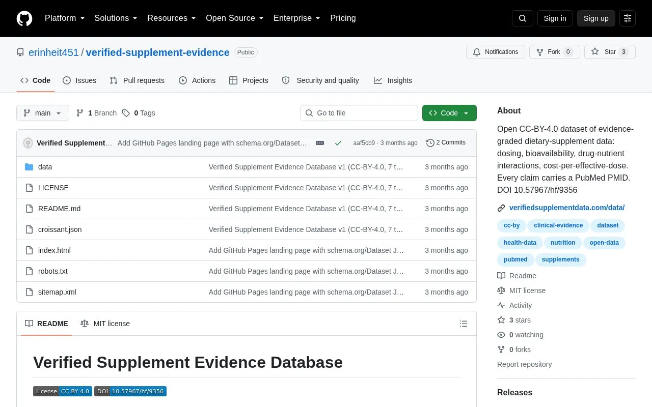 Verified Supplement Evidence homepage screenshot