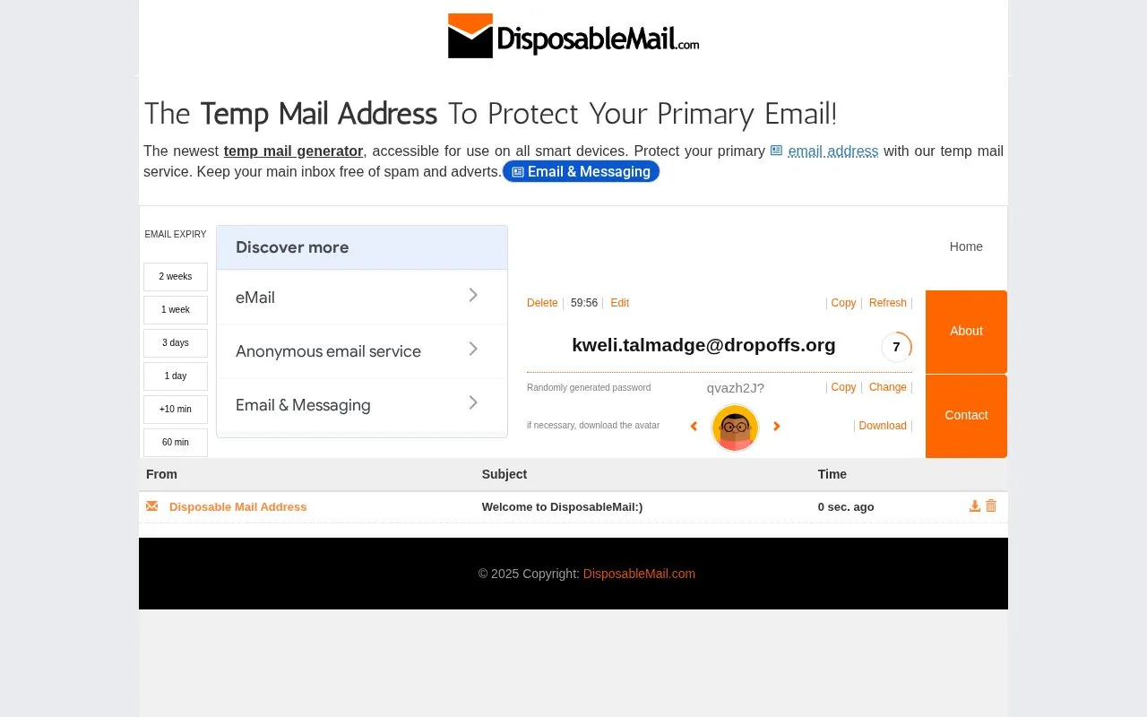 DisposableMail homepage screenshot