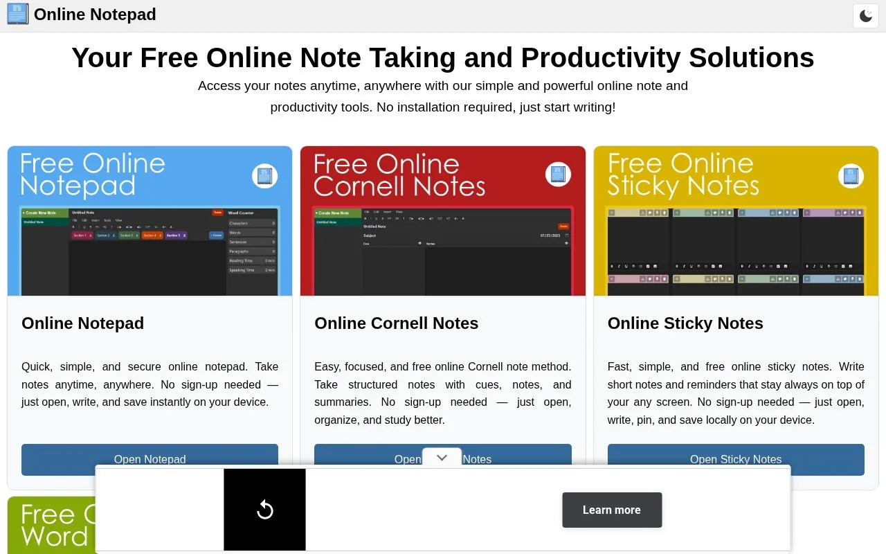 Online Notepad homepage screenshot