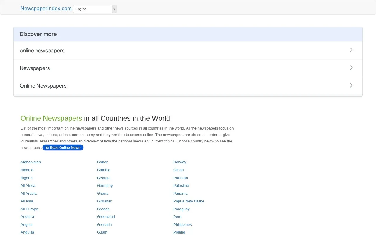 NewsPaperIndex homepage screenshot