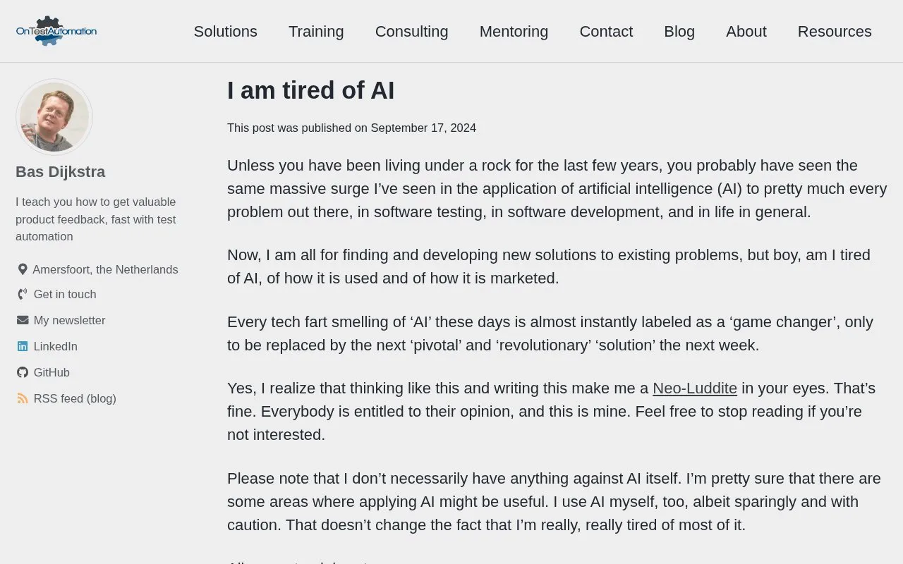 I am tired of AI On Test Automation homepage screenshot