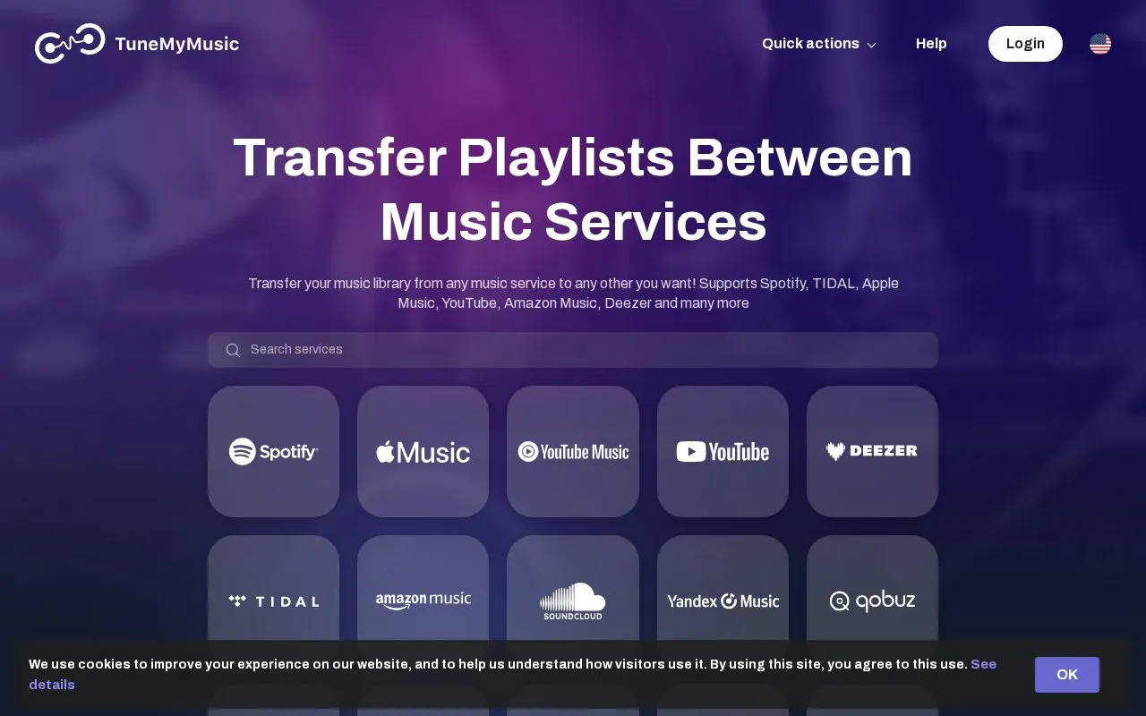 TuneMyMusic homepage screenshot