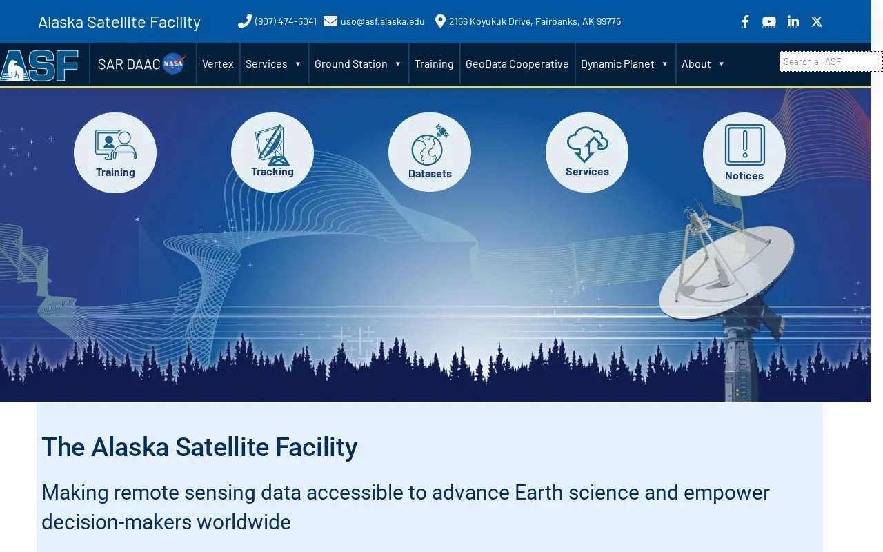 Alaska Satellite Facility SAR Data Center homepage screenshot
