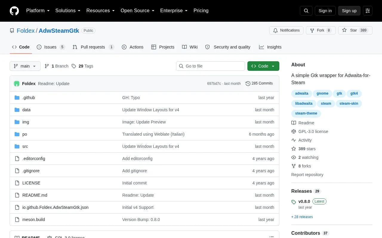 AdwSteamGtk homepage screenshot