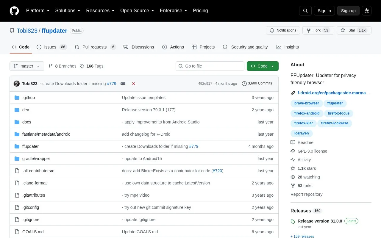 FFUpdater homepage screenshot