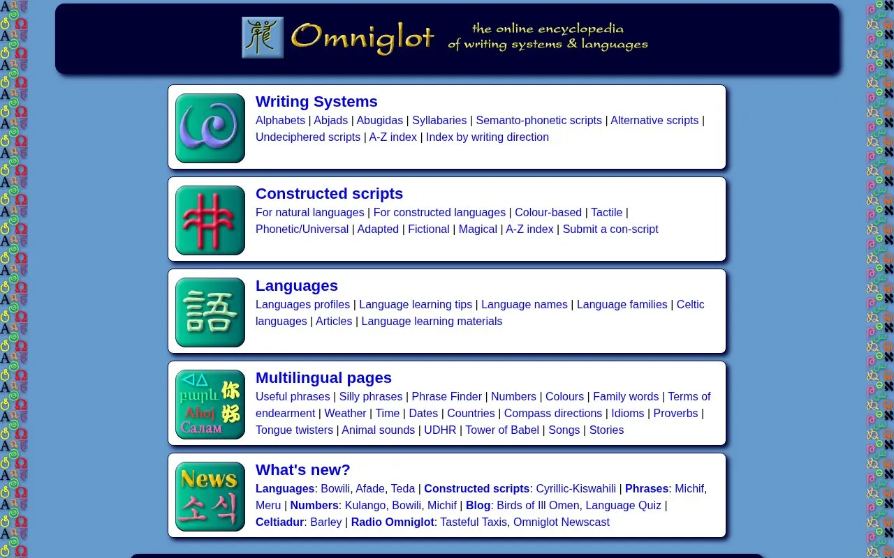 Omniglot homepage screenshot