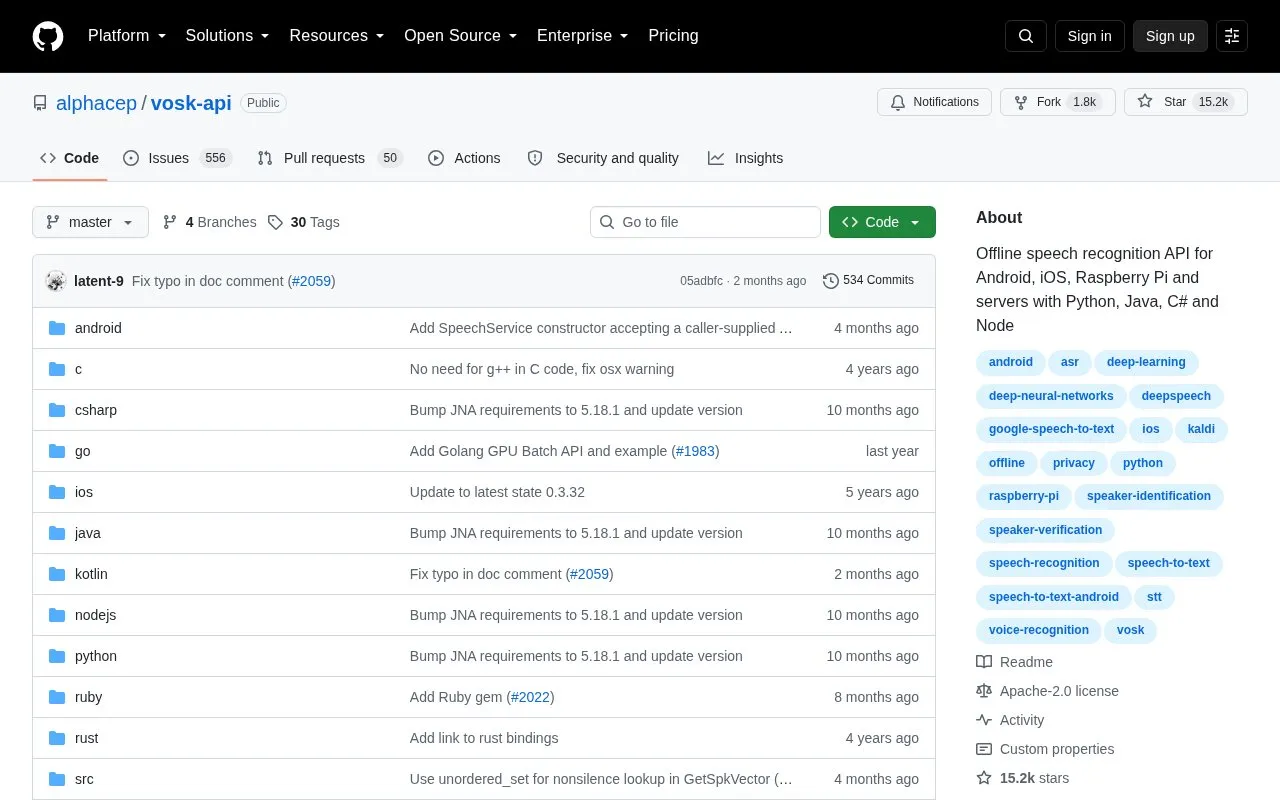 Vosk homepage screenshot