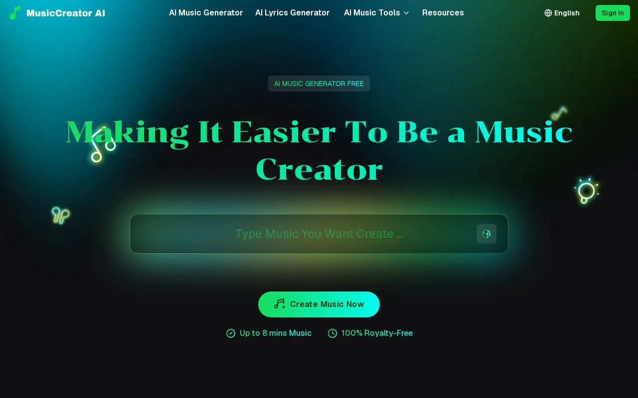 MusicCreator AI homepage screenshot