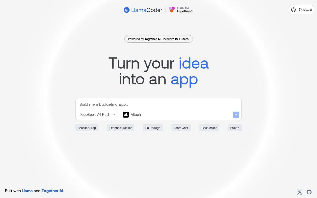 Llama Coder homepage screenshot