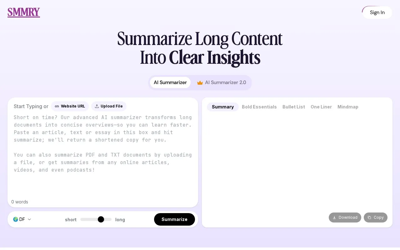 Smmry homepage screenshot