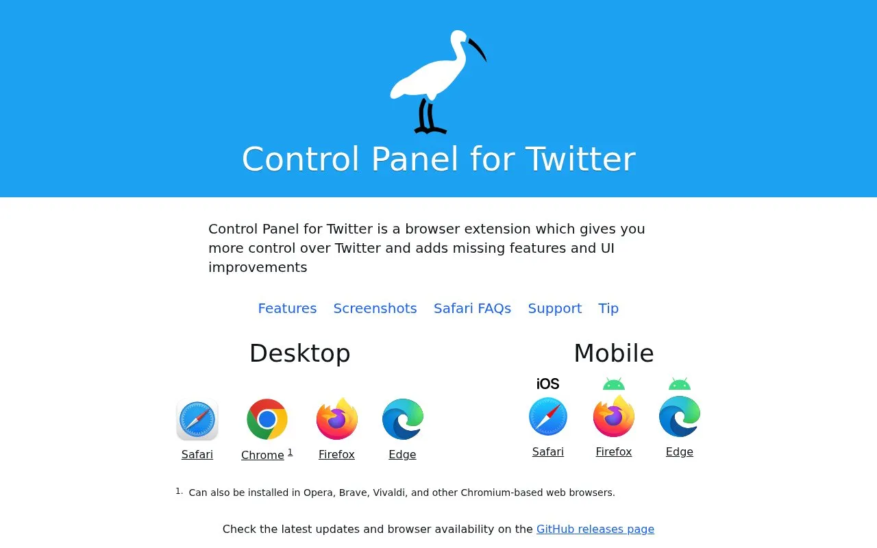 Control Panel for Twitter homepage screenshot