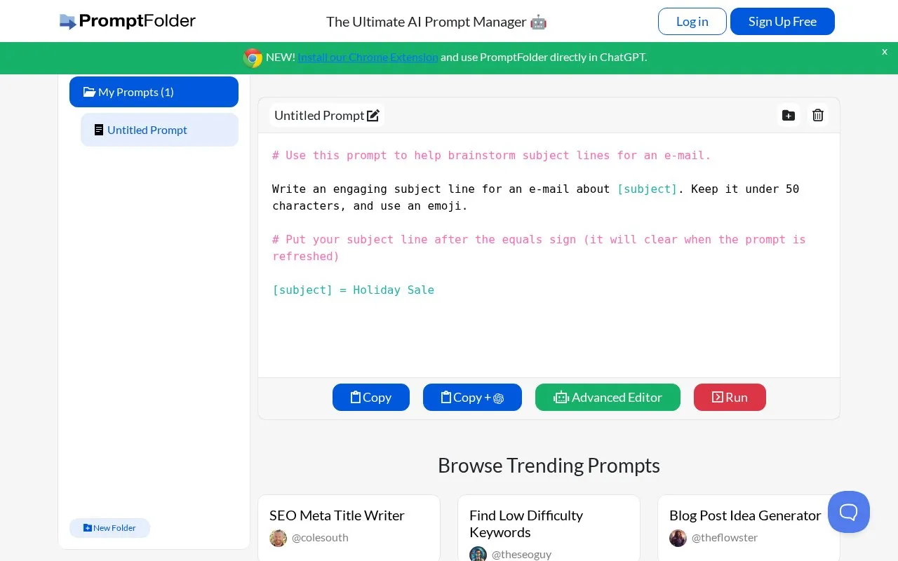 PromptFolder homepage screenshot