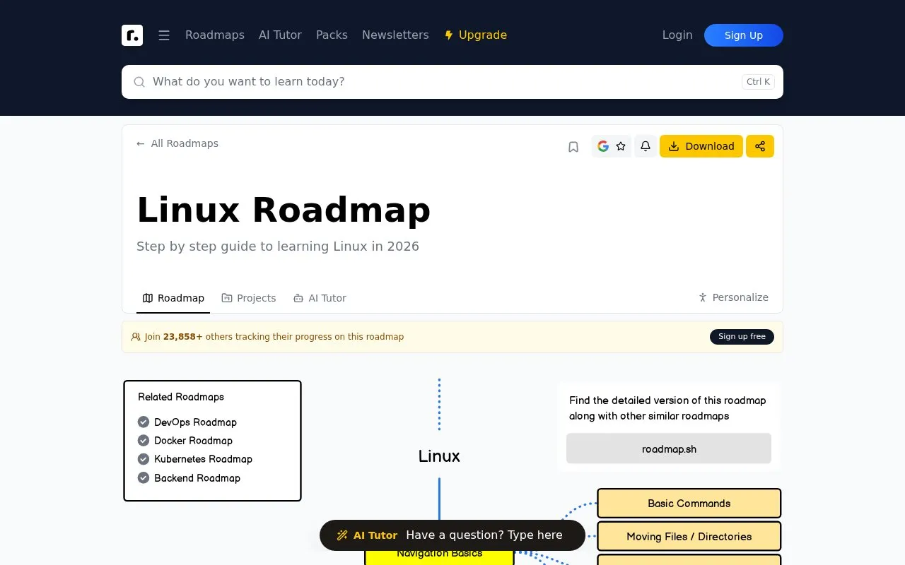 Linux Roadmap homepage screenshot
