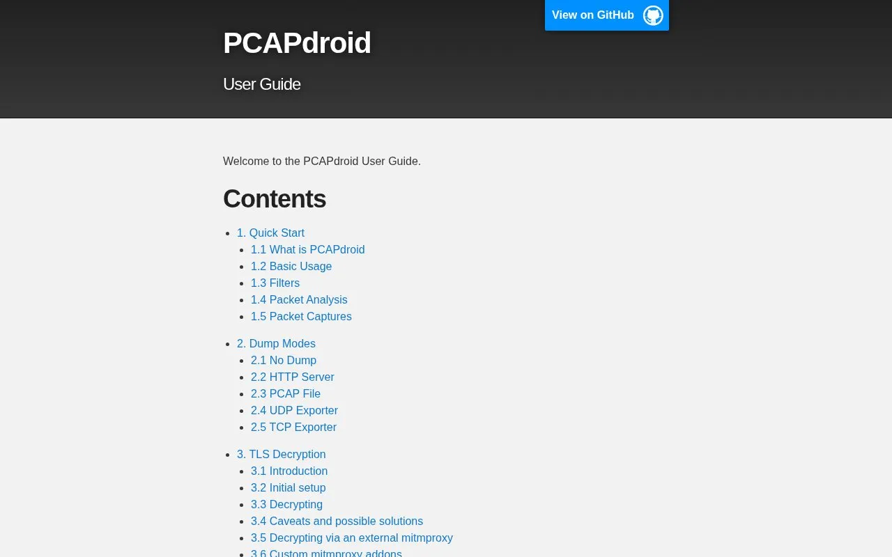 PCAPdroid homepage screenshot