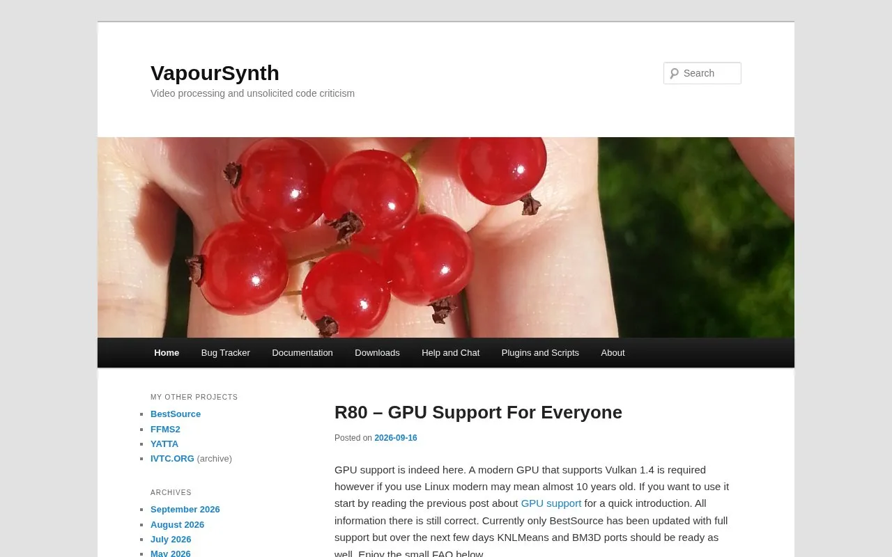 VapourSynth homepage screenshot