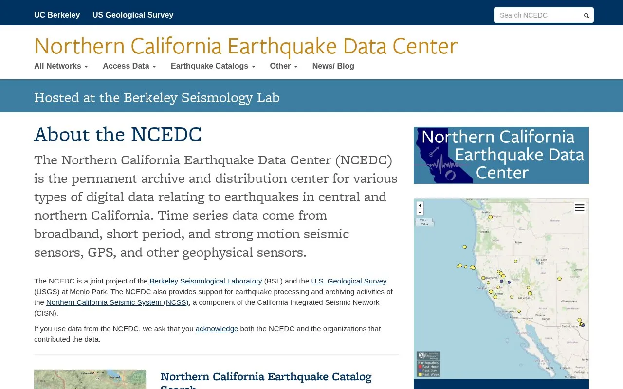 Northern California Earthquake Data Center homepage screenshot
