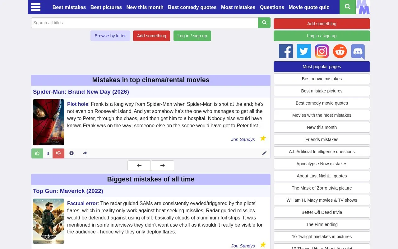 Movie Mistakes homepage screenshot