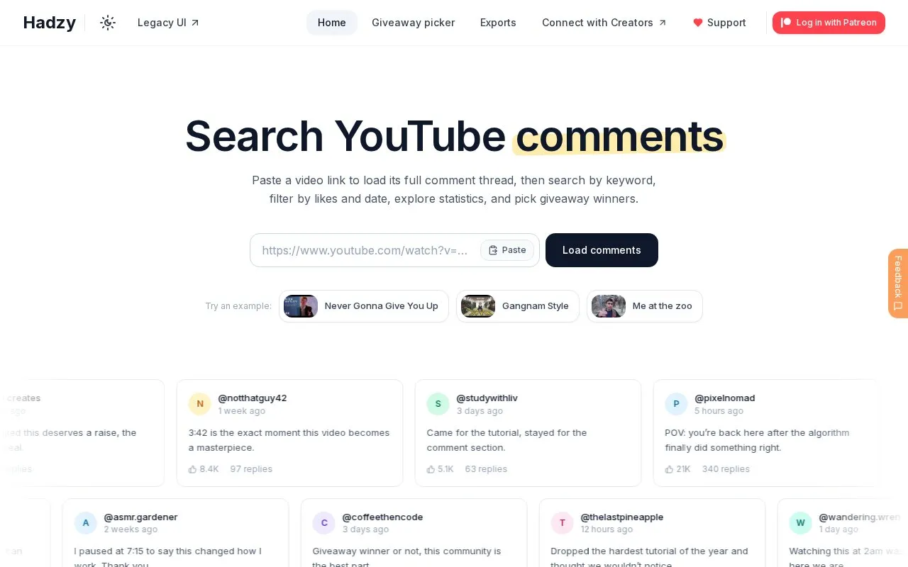 Hadzy homepage screenshot