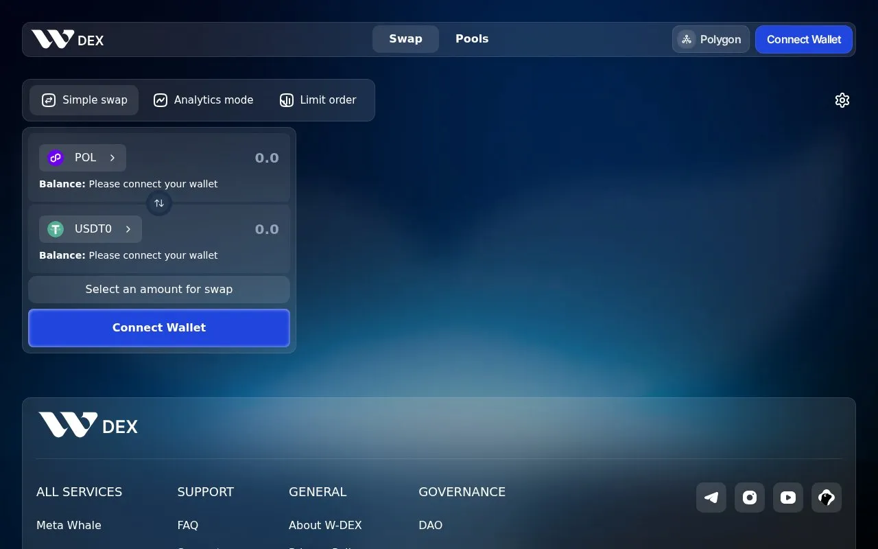 W-DEX homepage screenshot