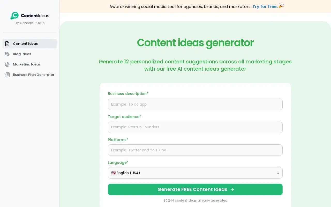 ContentIdeas homepage screenshot