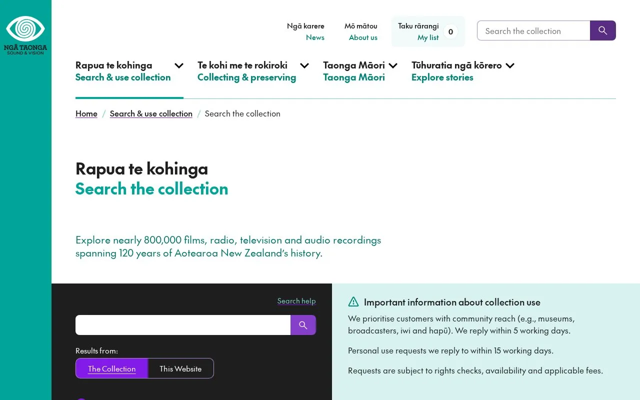 NGA Taonga homepage screenshot