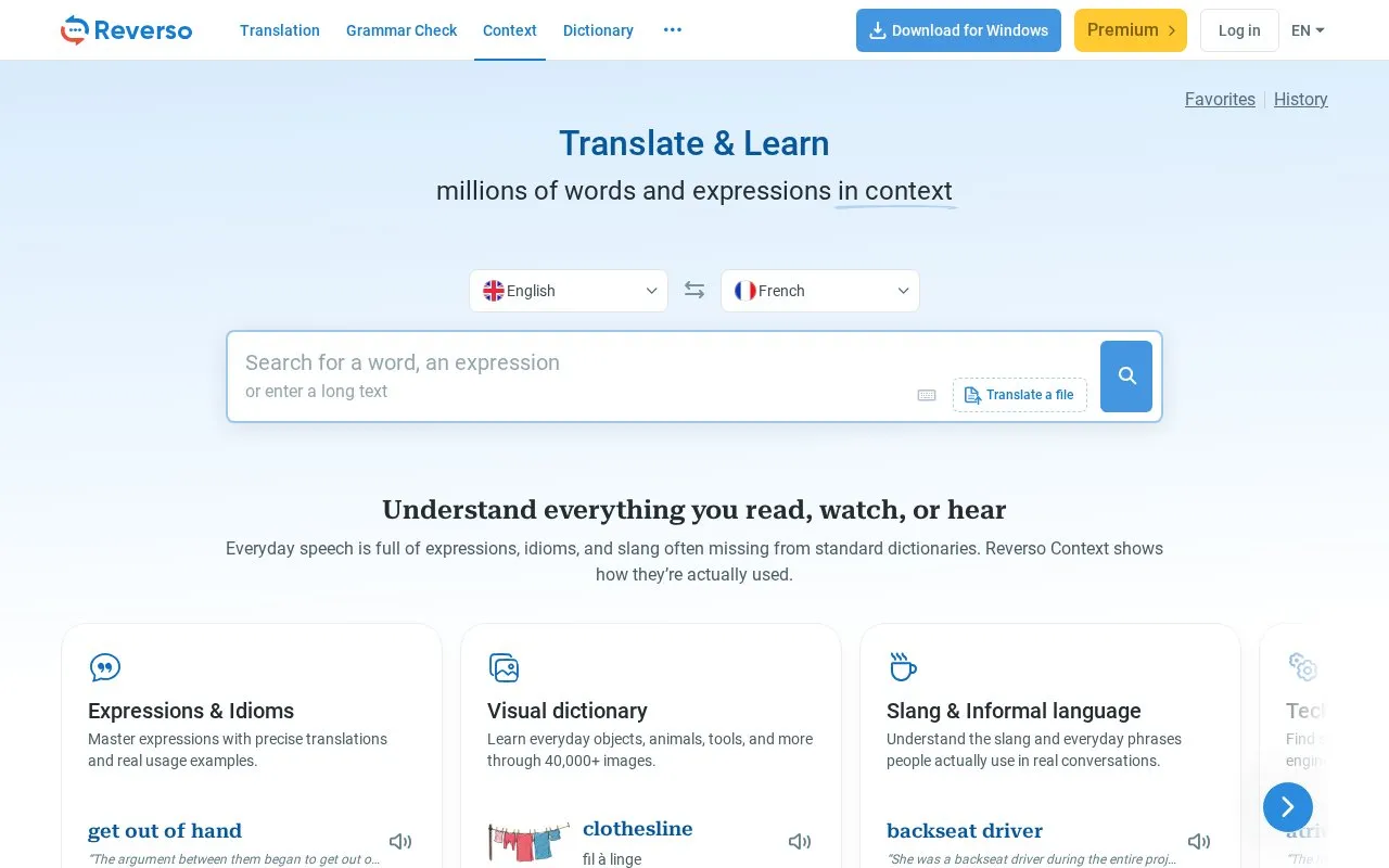 Reverso homepage screenshot