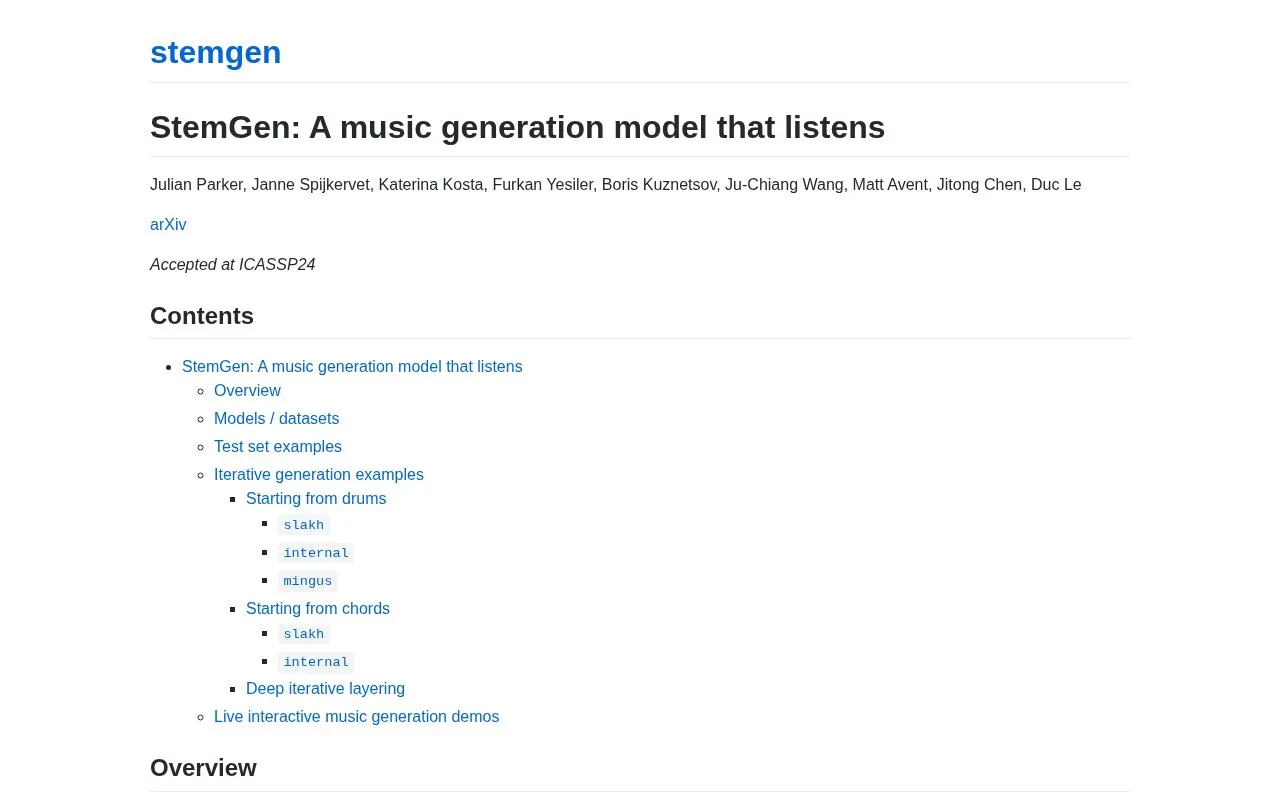 StemGen: A music generation model that listens homepage screenshot