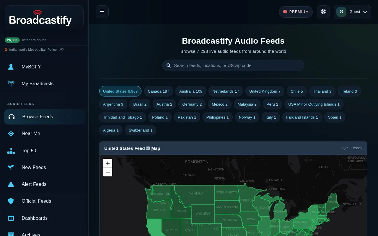 Broadcastify homepage screenshot