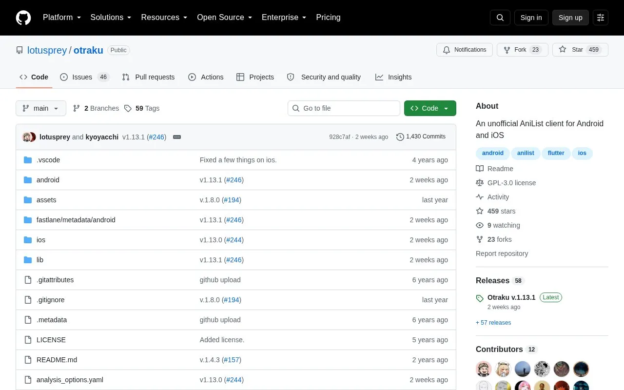 Otraku homepage screenshot