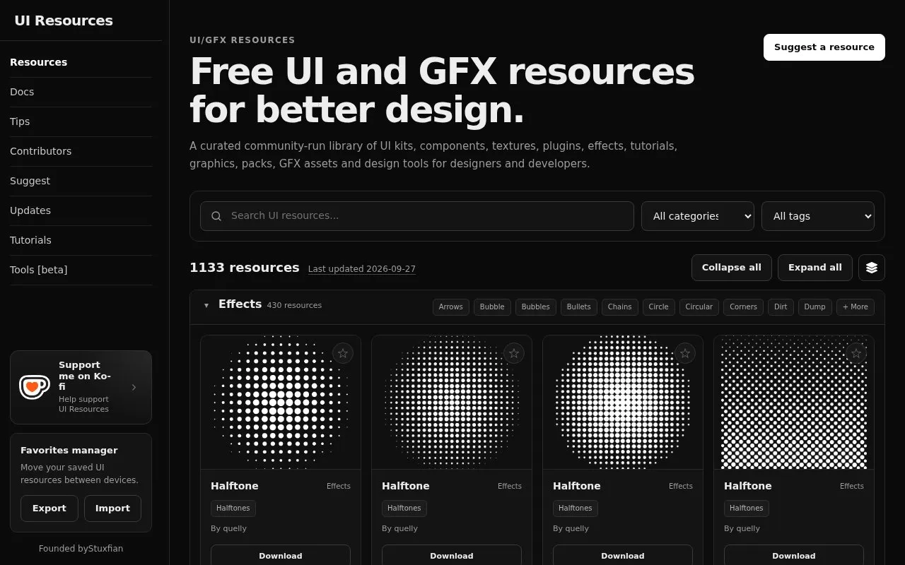 UI Resources homepage screenshot