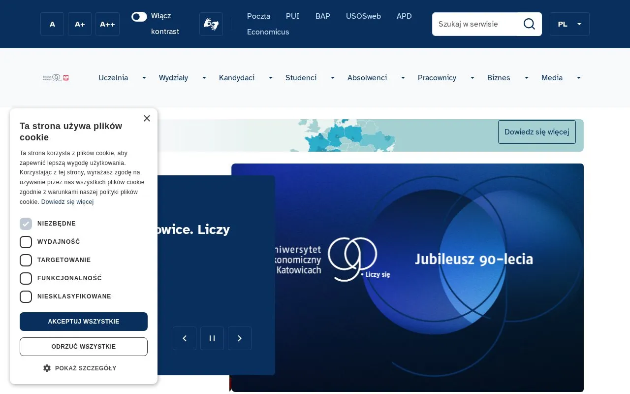 University of Economics in Katowice homepage screenshot