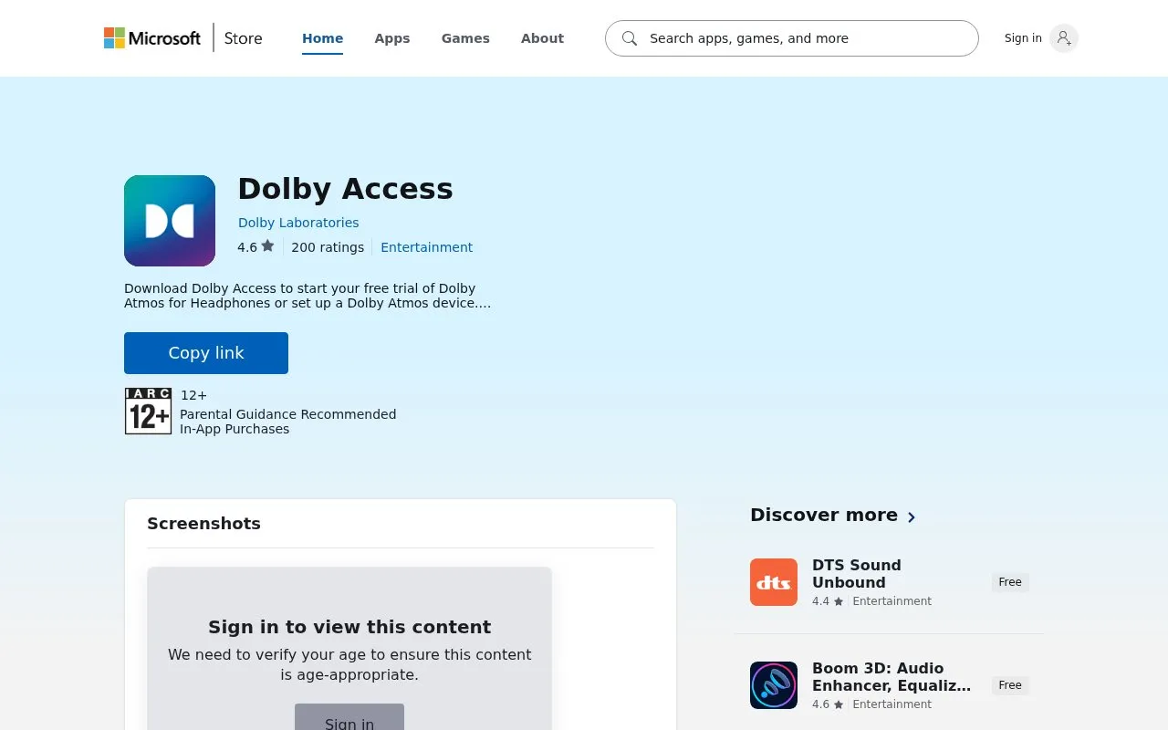 Dolby Access homepage screenshot