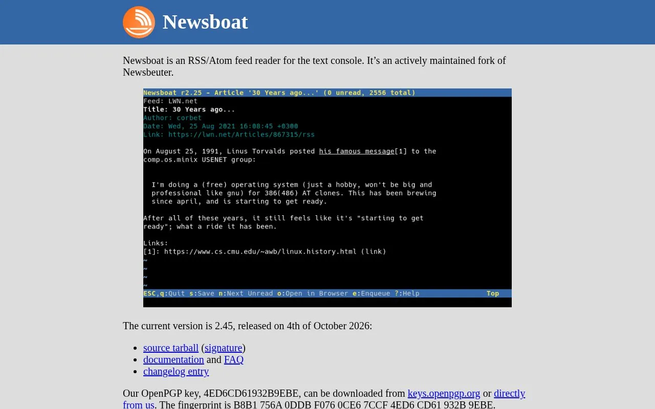 NewsBoat homepage screenshot