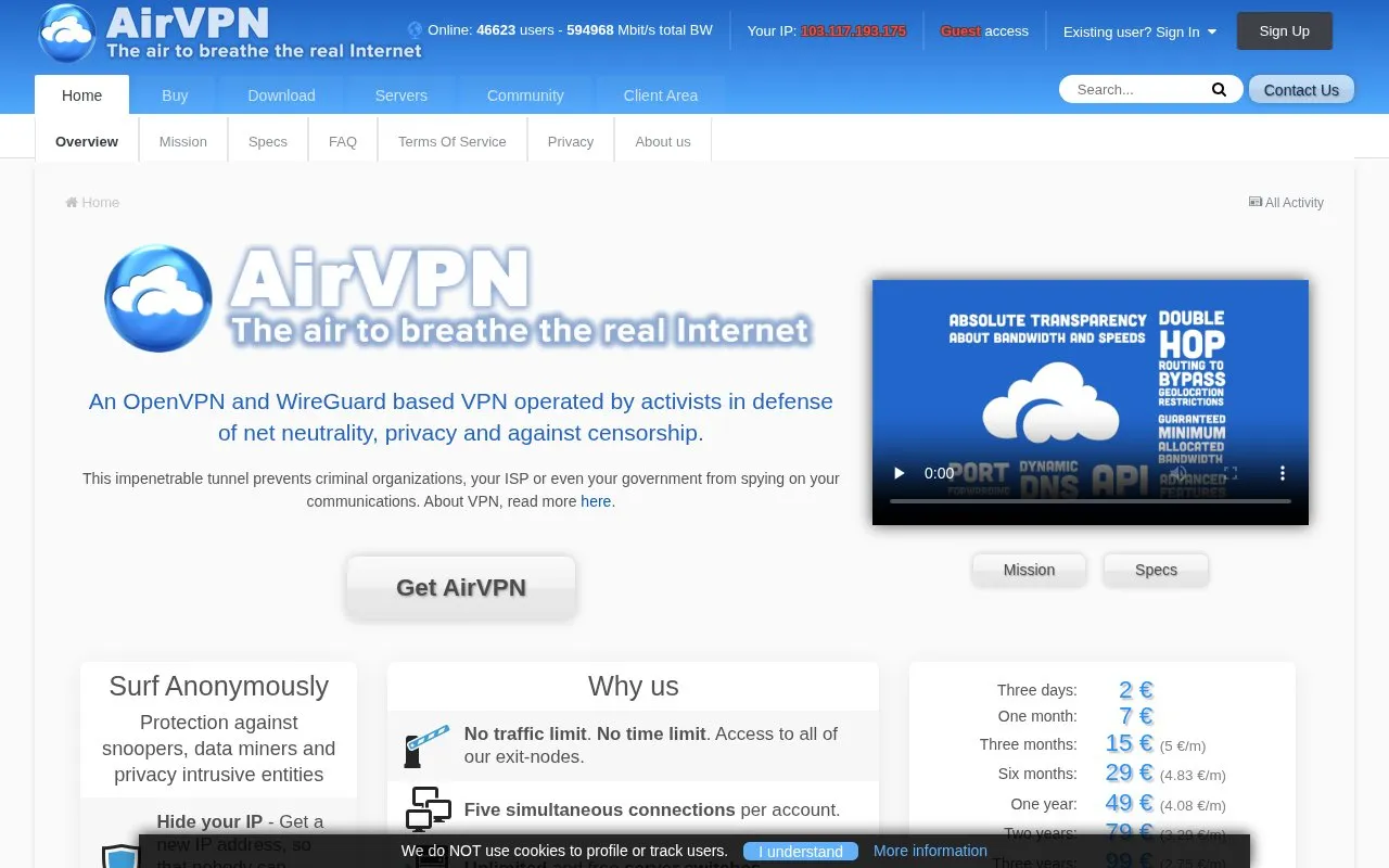 AirVPN homepage screenshot