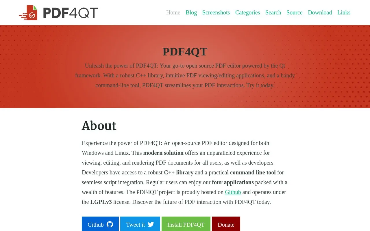 PDF4QT homepage screenshot