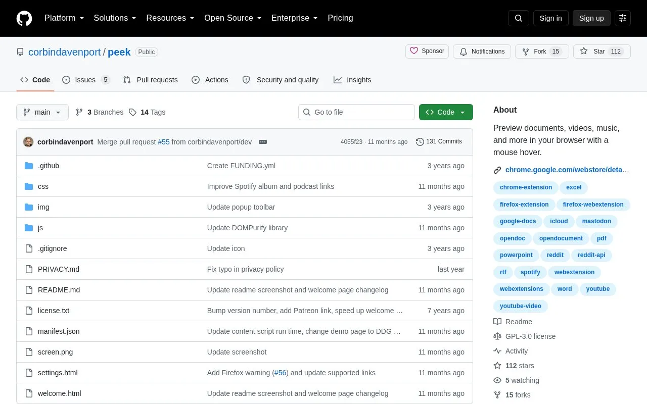 Peek homepage screenshot