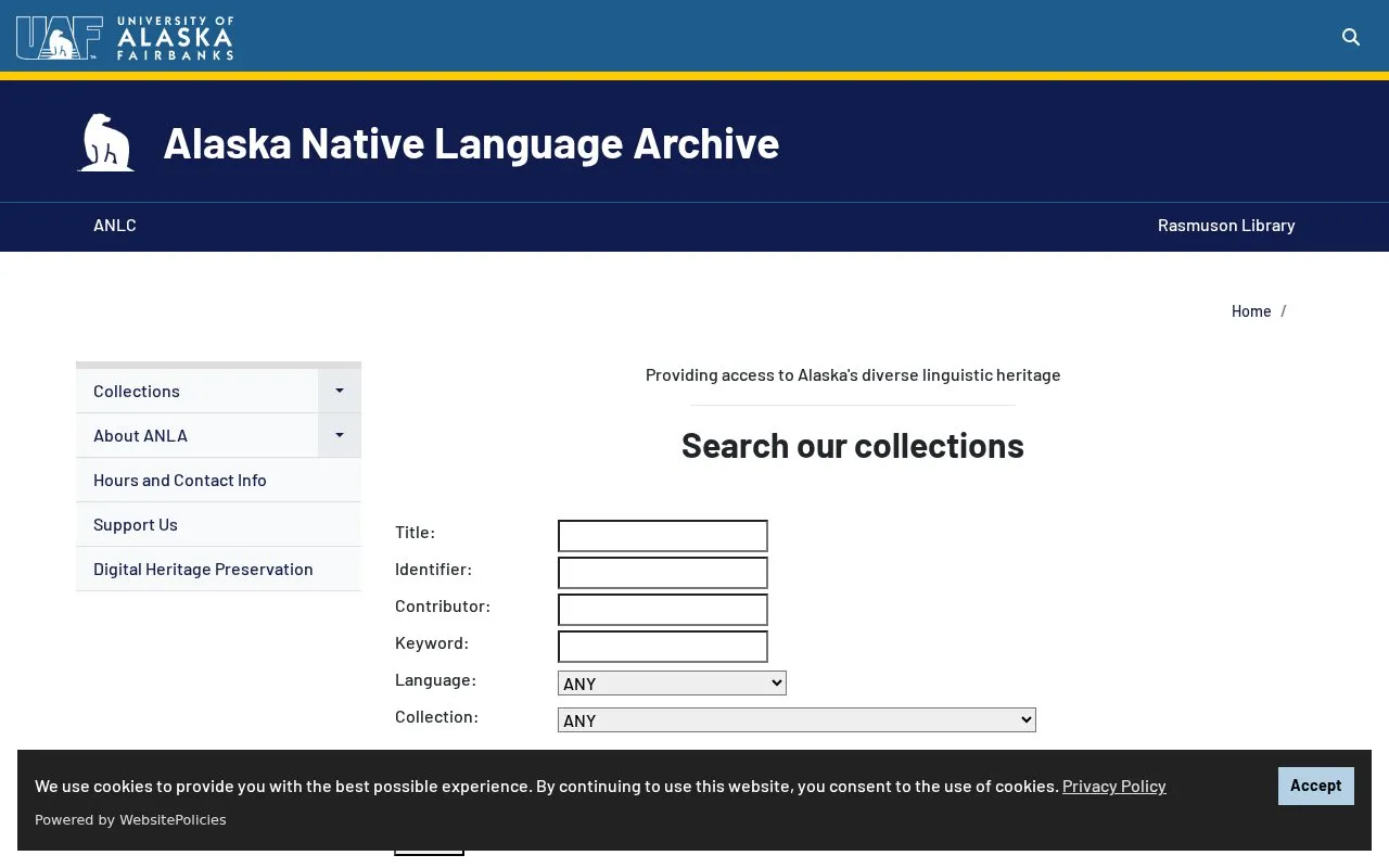 Alaska Native Language Archive homepage screenshot