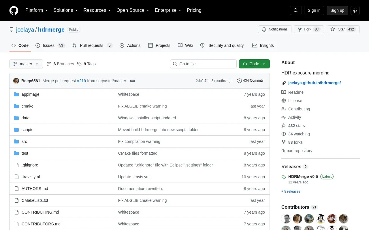 Hdrmerge homepage screenshot