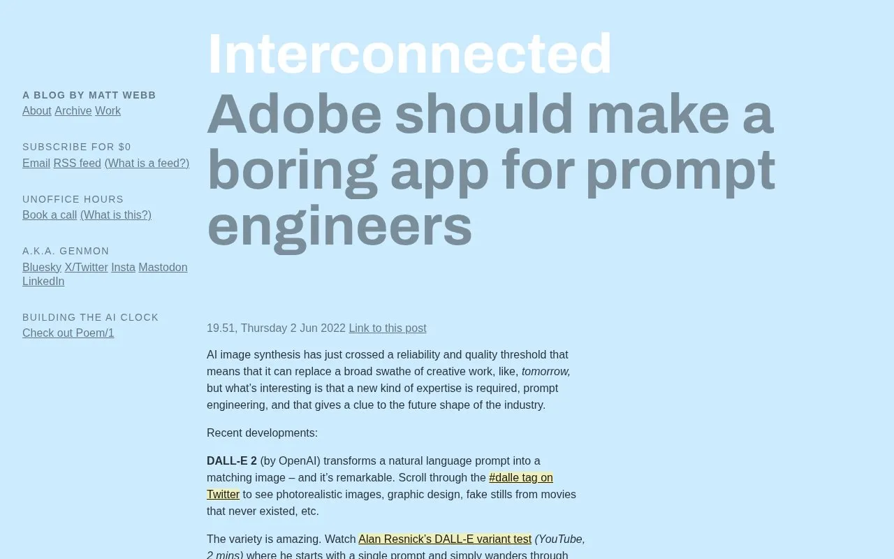 Adobe should make a boring app for prompt engineers (Interconnected) homepage screenshot