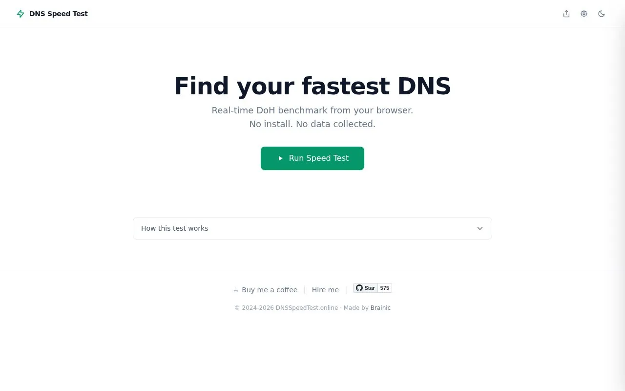 DNS Speed Test homepage screenshot