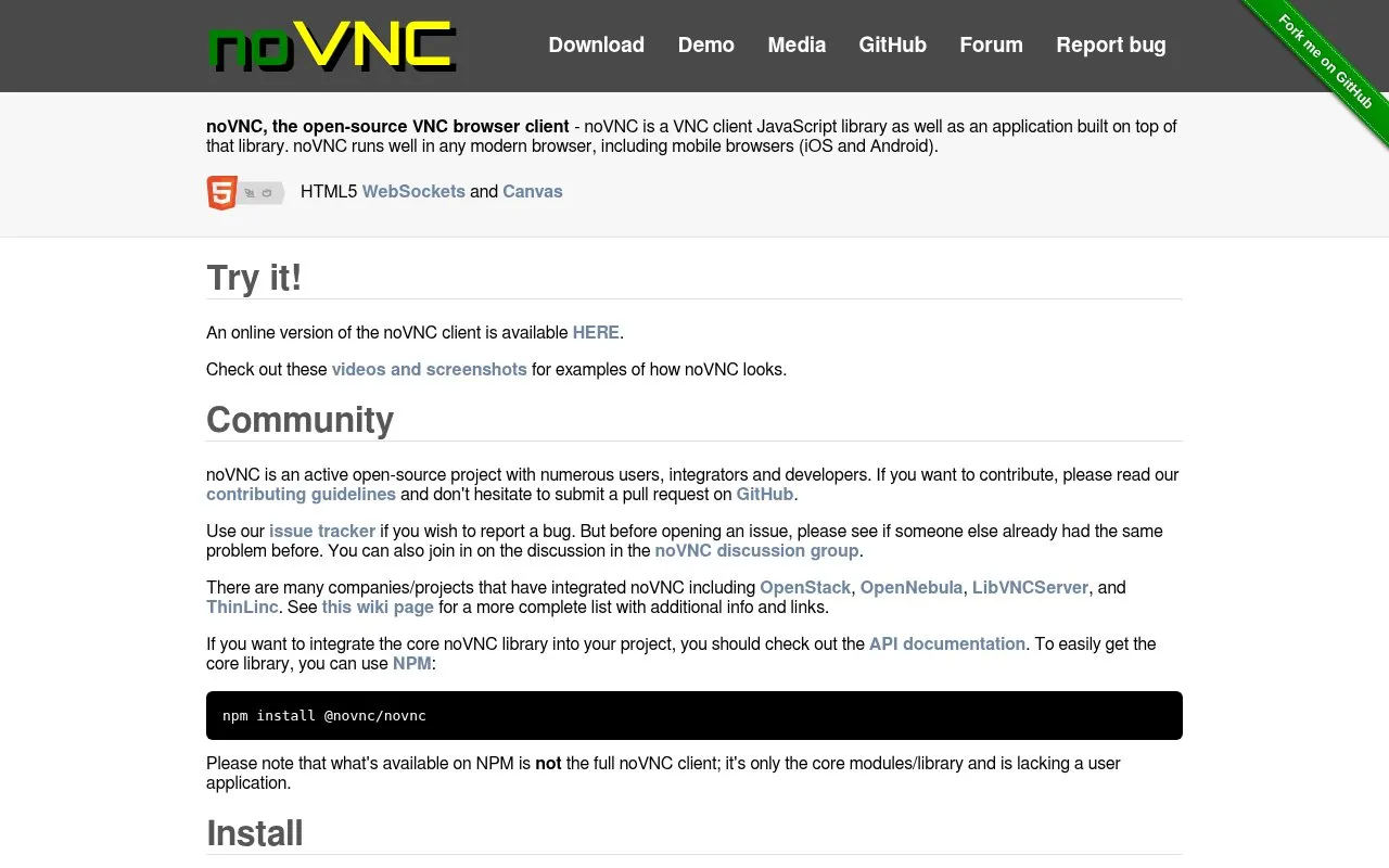 noVNC homepage screenshot