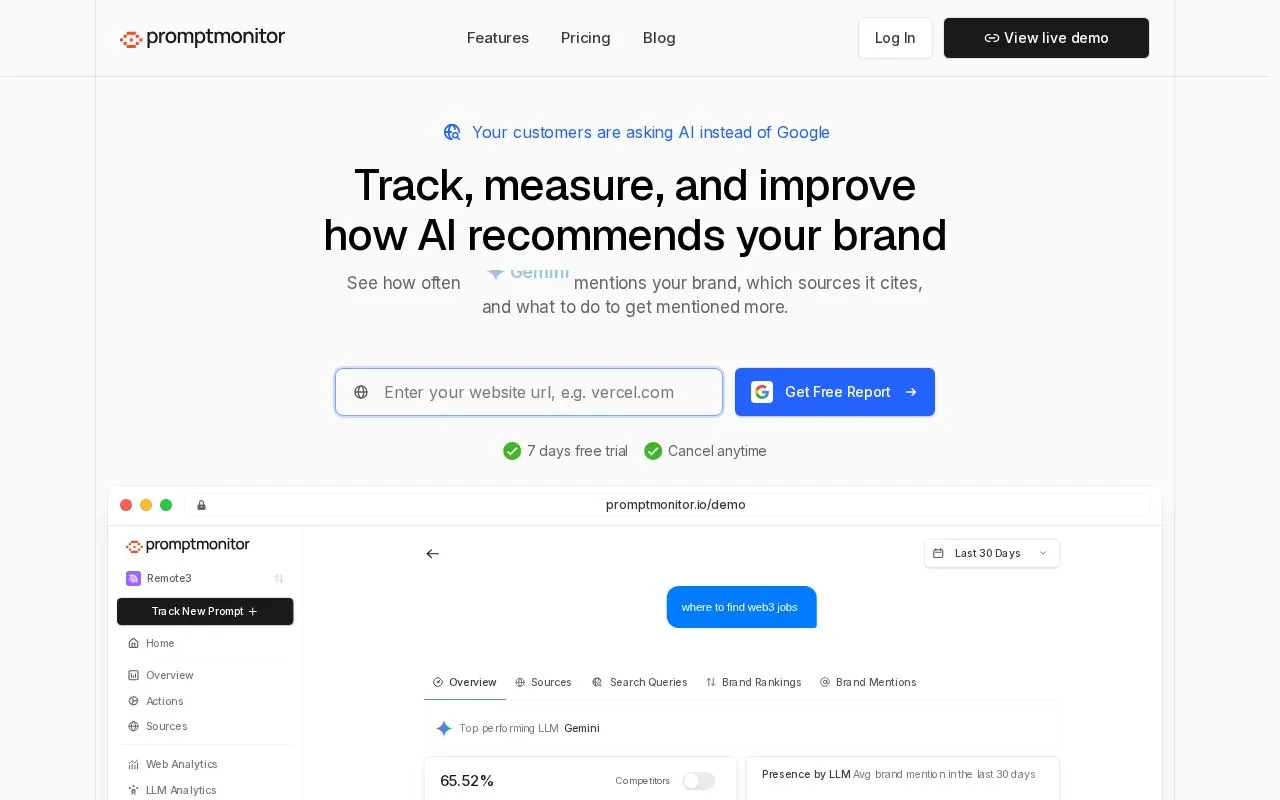 Promptmonitor homepage screenshot