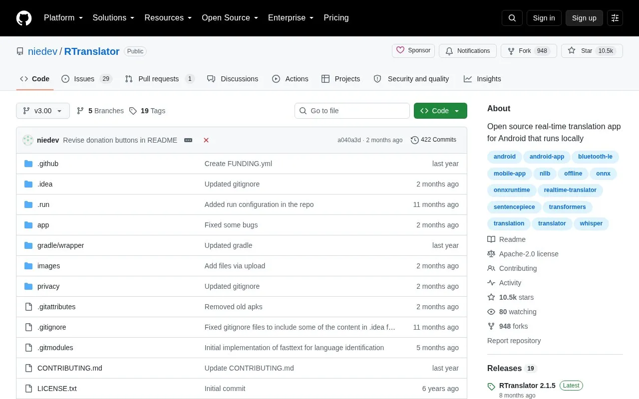 RTranslator homepage screenshot