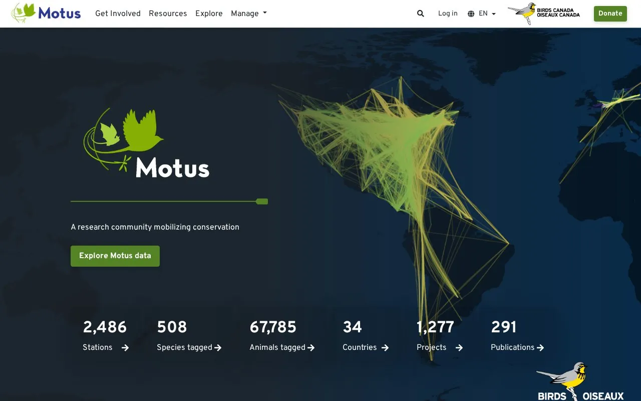 Motus Wildlife Tracking System homepage screenshot